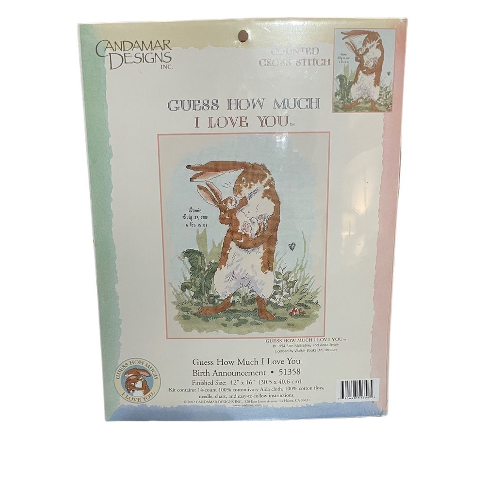 Candamar Designs Counted Cross Stitch Kit Birth Announcement Rabbit Bunny